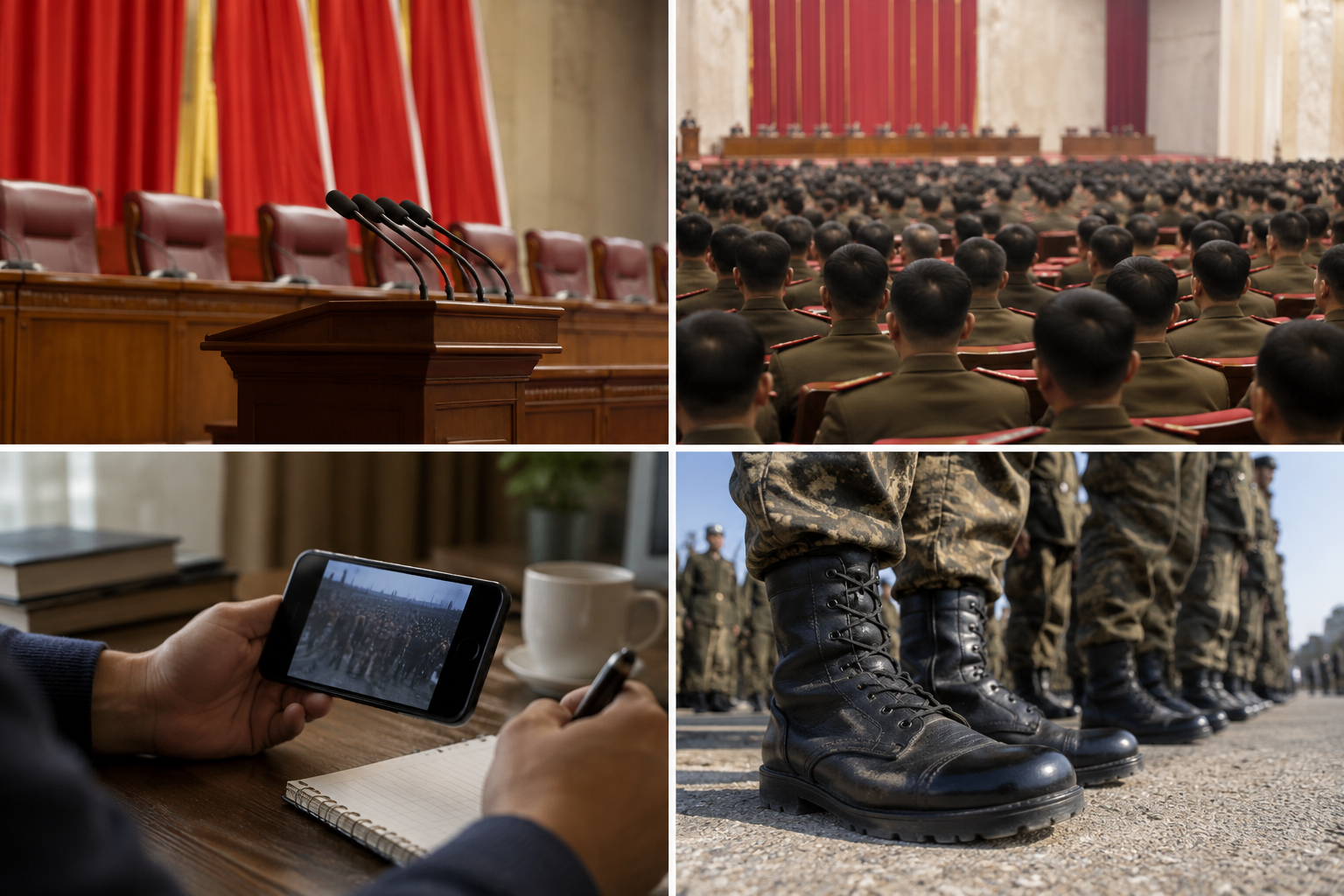 人工知能で作成された軍指揮官会議に関する背景写真。実際の2026年平壌行事現場の撮影映像ではなく参考画像